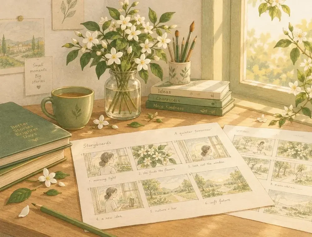 红果爽剧极速更新站 创作工作室插画，桌上摆放着速写本、干花与茶杯